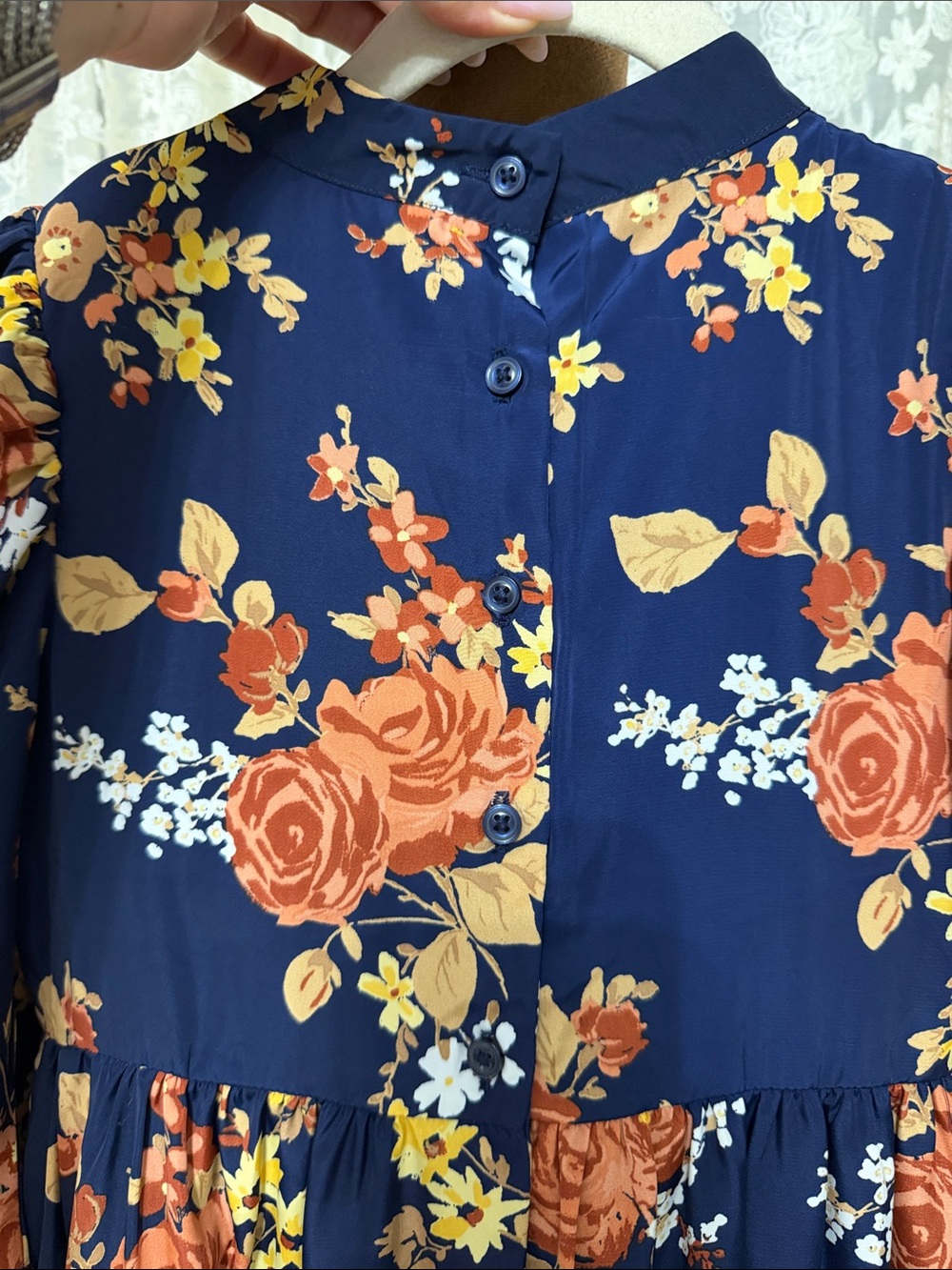 Janie and Jack Navy Floral Tiered Dress with Rust and Cream Blooms - Picture 3 of 5